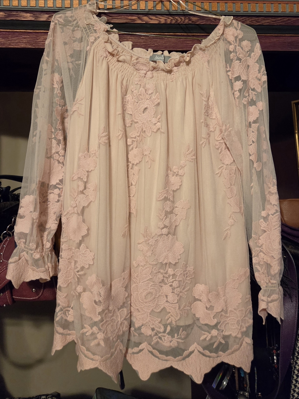 Marled Blush Pink Lace Floral Peasant Top
